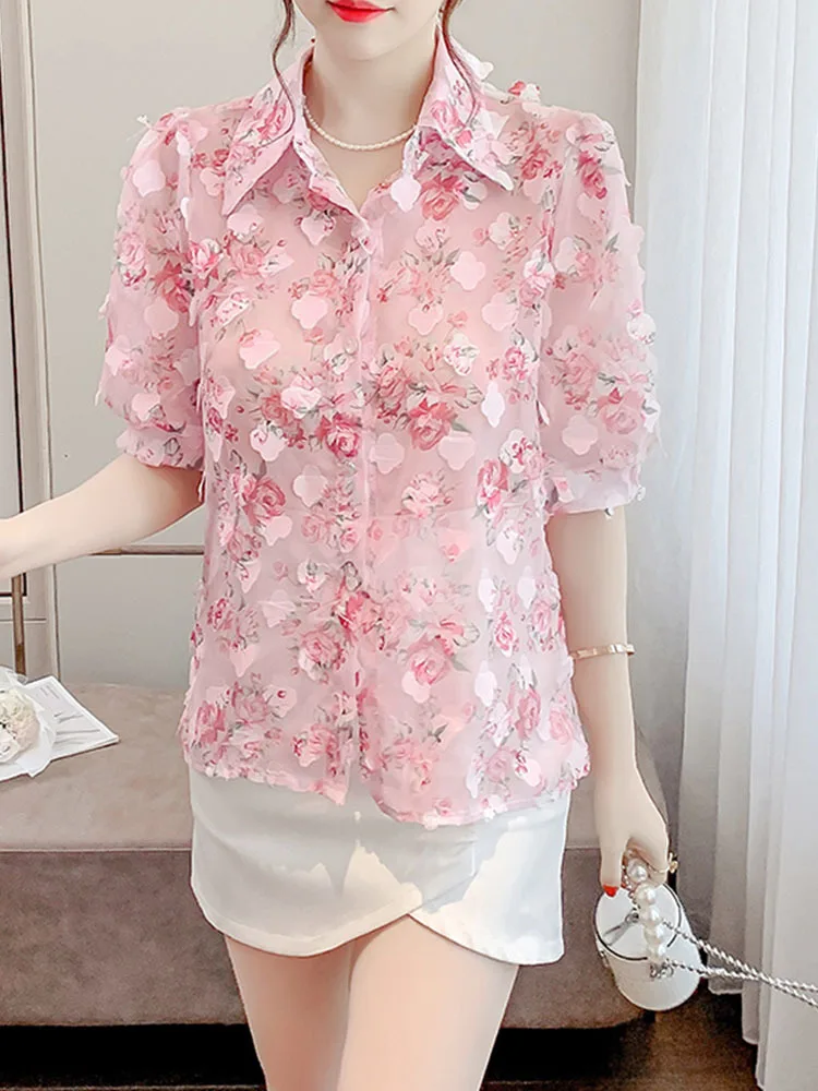 Spring Fashion Floral Turn-down Collar Long Sleeve Blouse Women Clothes Temperament Printing Perspective Shirts Femme Sweet Tops