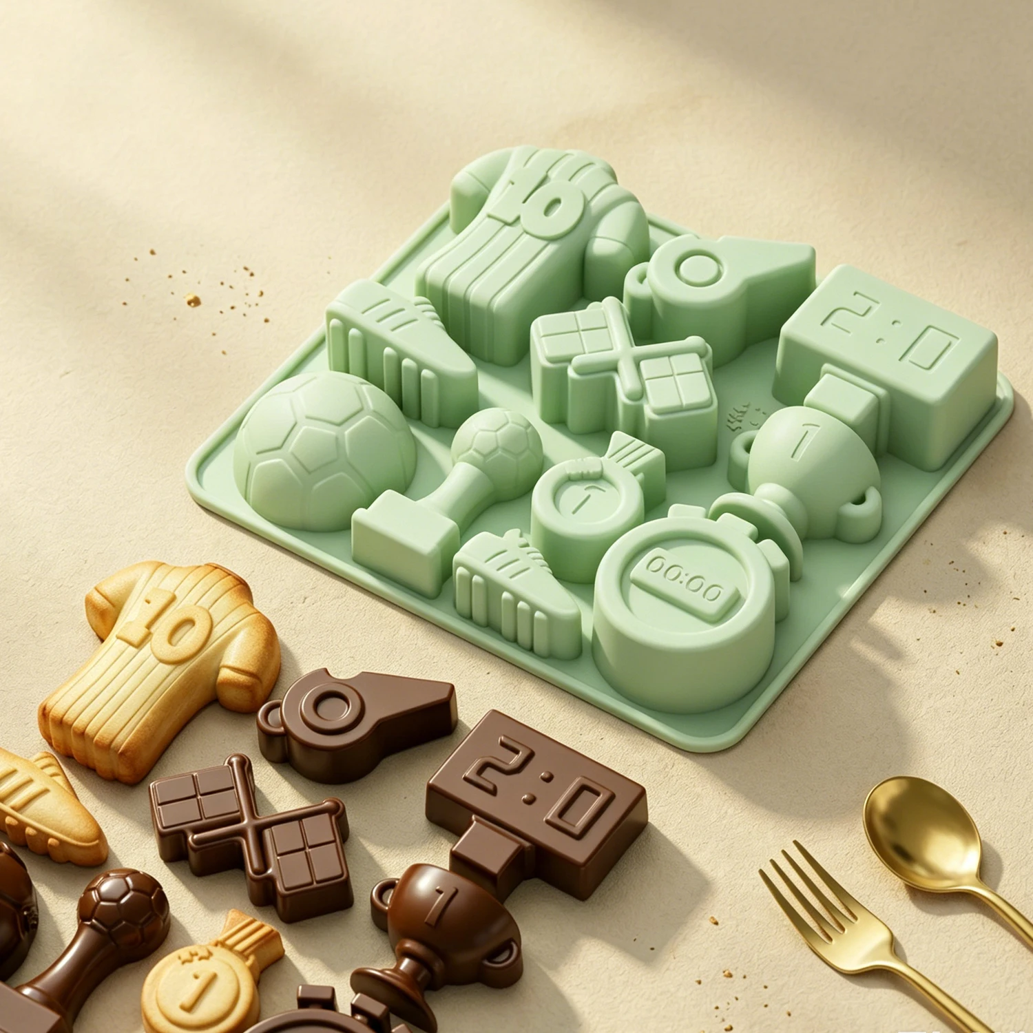1 Green Football-Themed Silicone Baking Mold, Featuring Designs Such as Trophy, Number 10 Jersey, Soccer Shoes, Scoreboard, Etc., Can Be Used to Make Cupcakes, Chocolate, Cake Decorations, Ice Cubes, Candy, Etc., Food-Grade Silicone, Non-Stick and Easy to Demold, DIY Baking Tools for Beginners, Creative Baking Mold