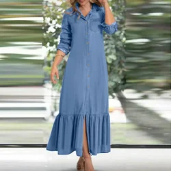 Women's Long Sleeved Loose Denim Dress with Lapel Button Up Cardigan Solid Color Casual Loose Denim Long Dress