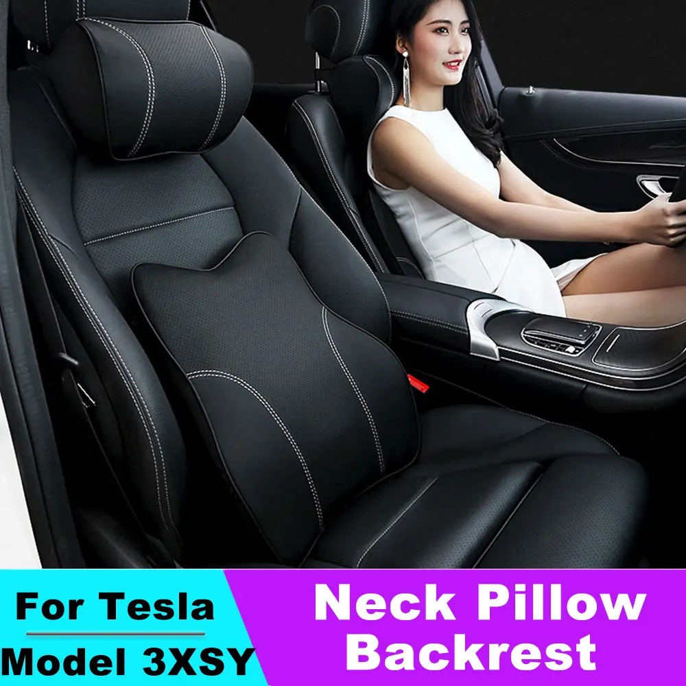 For Tesla Model 3/Y/X/S Seat Headrest Travel Rest Neck Pillow PU Leather Neck Pillow Memory Foam Pillows Car Accessories