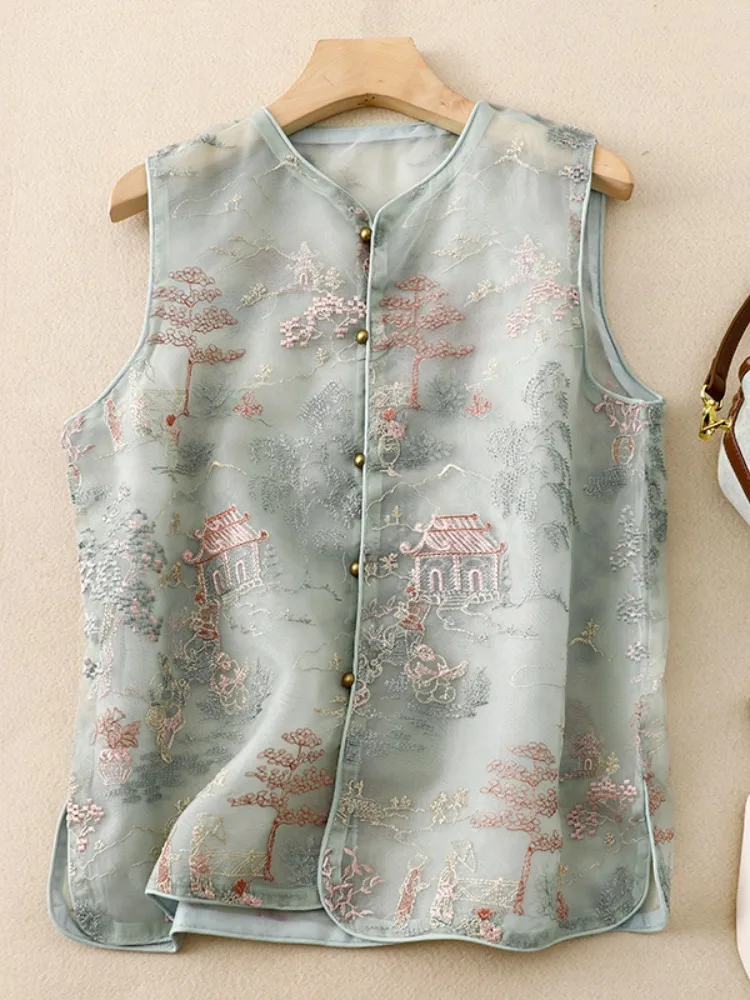 

Новый китайский жилет из европейской органзы с вышивкой, женский весенний жилет Song Jin, улучшенный многослойный жилет с подушечками, топ
