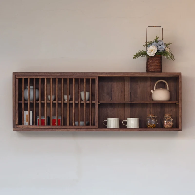 Hanging cabinet wall storage cabinet black walnut Zen tea room receives old elm mortise and tenon decorative wall cabinet.