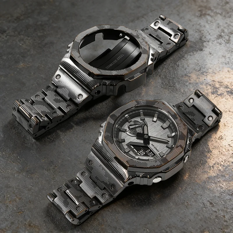 GA-2100/2110/B2100 GM2100 GBM-2100 Mod Kit modified Camouflage metal Bezel with drives stainless steel case&strap for Casioak