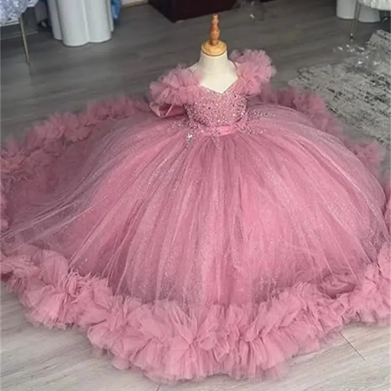 

Elegant Dusty Pink Flower Girl Dress For Wedding Floor Length Sequins Fluffy Princess Birthday Party Quinceanera Gown Customized