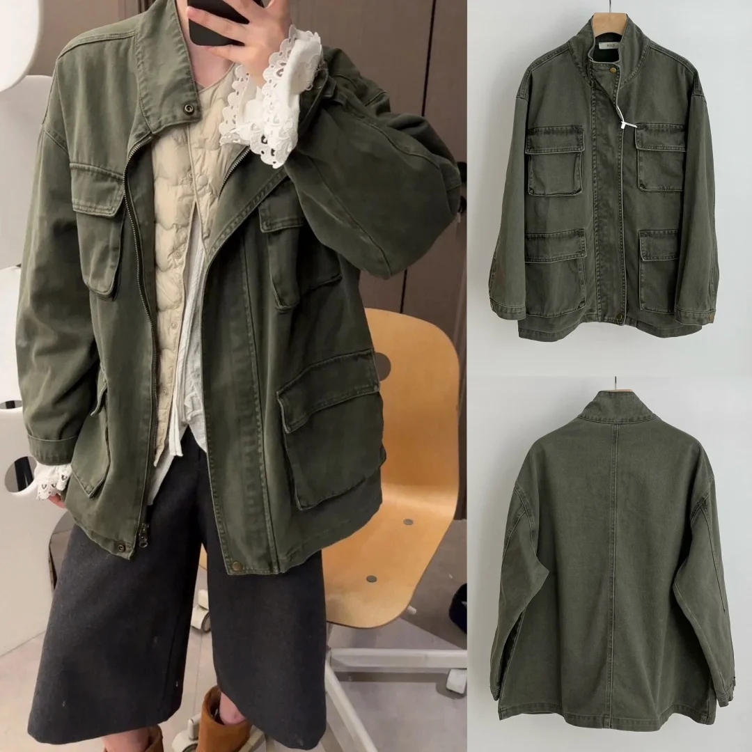 

Waed Denim Workwear Jaet Korean Sle Loose Fit Stand Collar Multi ket Barn Sle Autumn New Arrival Women's Coat