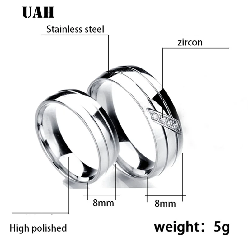 UAH Simple Couple Titanium Steel Wedding Zirconia Rings women men\'s jewelry anniversary marriage Best Fashion Gift