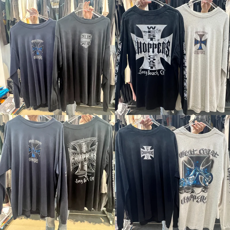 Streetwear Trend West Coast T-shirt Tops Retro Casual Loose Washed Black Print Long Sleeve Tee Men Women