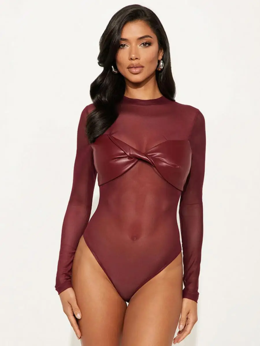 Sexy reine Farbe PU-Leder lang Sve J25BS353 Damen Herbst Outfit T-Shirt Ratels Anzug mit hoher Taille Polyesterstoff