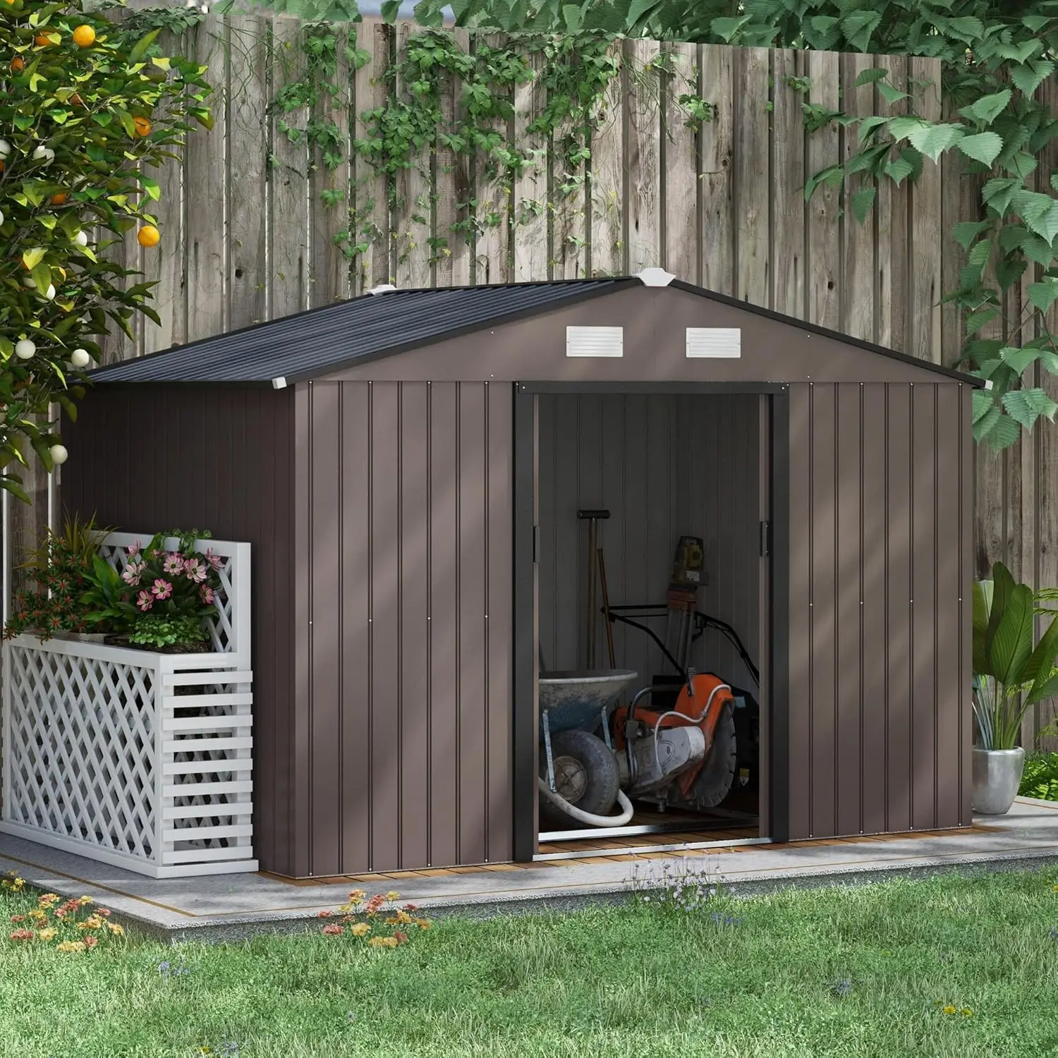 9' X 6' Outdoor Storage Shed Garden Tool Metal Shed with Foundation Kit Double Lockable Door Lawn Brown