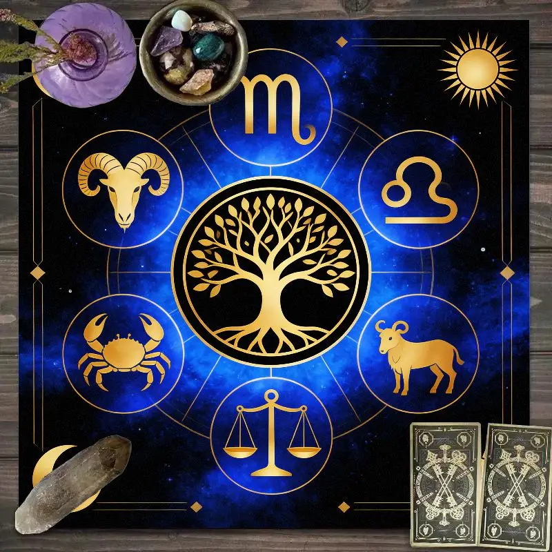 VIKAMA Zodiac Altar Cloth Black Blue Tree of Life Astrology Tarot Table Mat for Divination