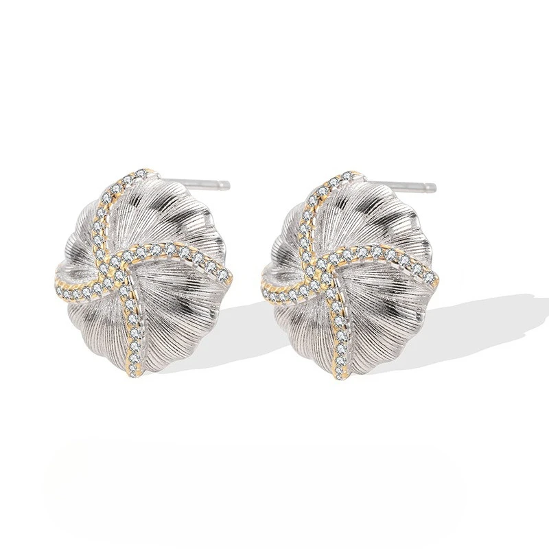 

New S925 Silver Brushed Carved Texture Earrings for Women, Light Luxury Gold and Silver Contrasting Earrings, Wedding Jewelry