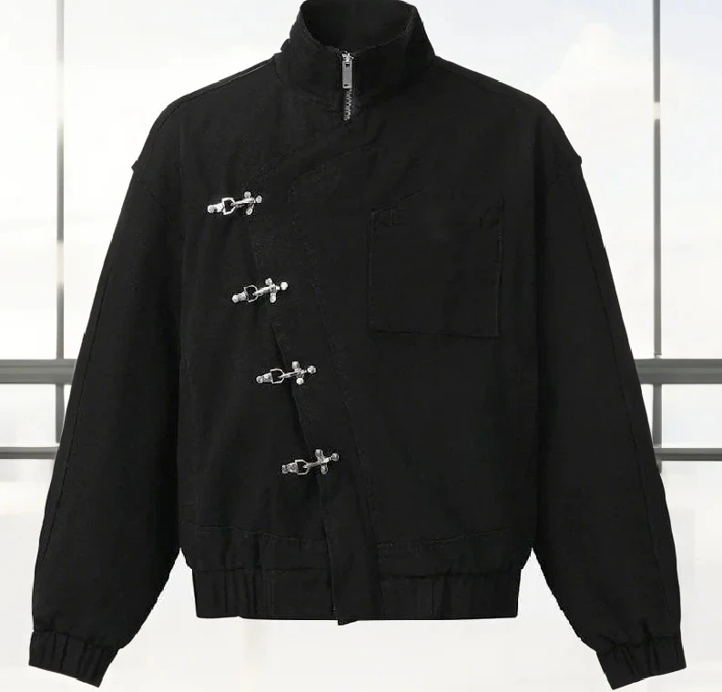 سترة نسائية كاجوال بياقة مائلة غير منتظمة وأزرار معدنية معطف فضفاض بأكمام طويلة