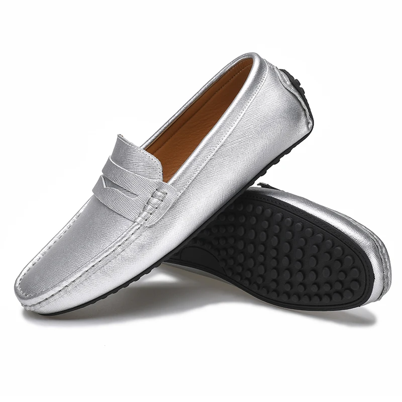 Waterproof Canvas Loafers Men\'s Slip-On Flat Silver White Casual Shoes Leather Moccasin Soft Bottom Driving Wedding Shoes 38-49