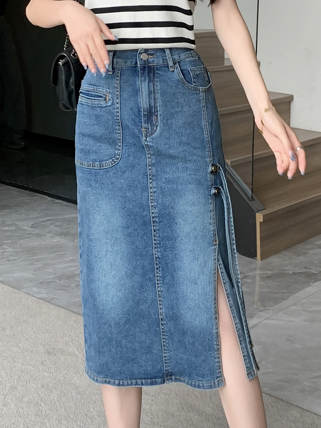 

Slim Fit Mid-Length A-Line Skirt Elastic Waist Casual Denim Skirts Women's Summer Fashion Korean Style Embroidered Skirts