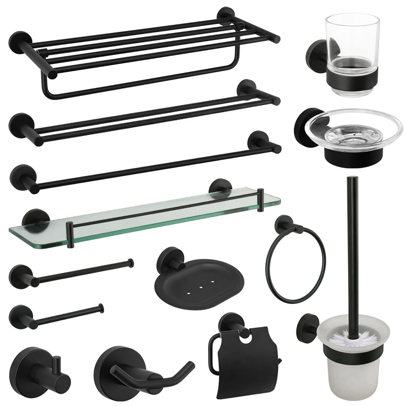 Stainless Steel Bathroom Accessories Matte Black Towel Rack Toilet Paper Holder Towel Bar Hook Toilet Hardware Set