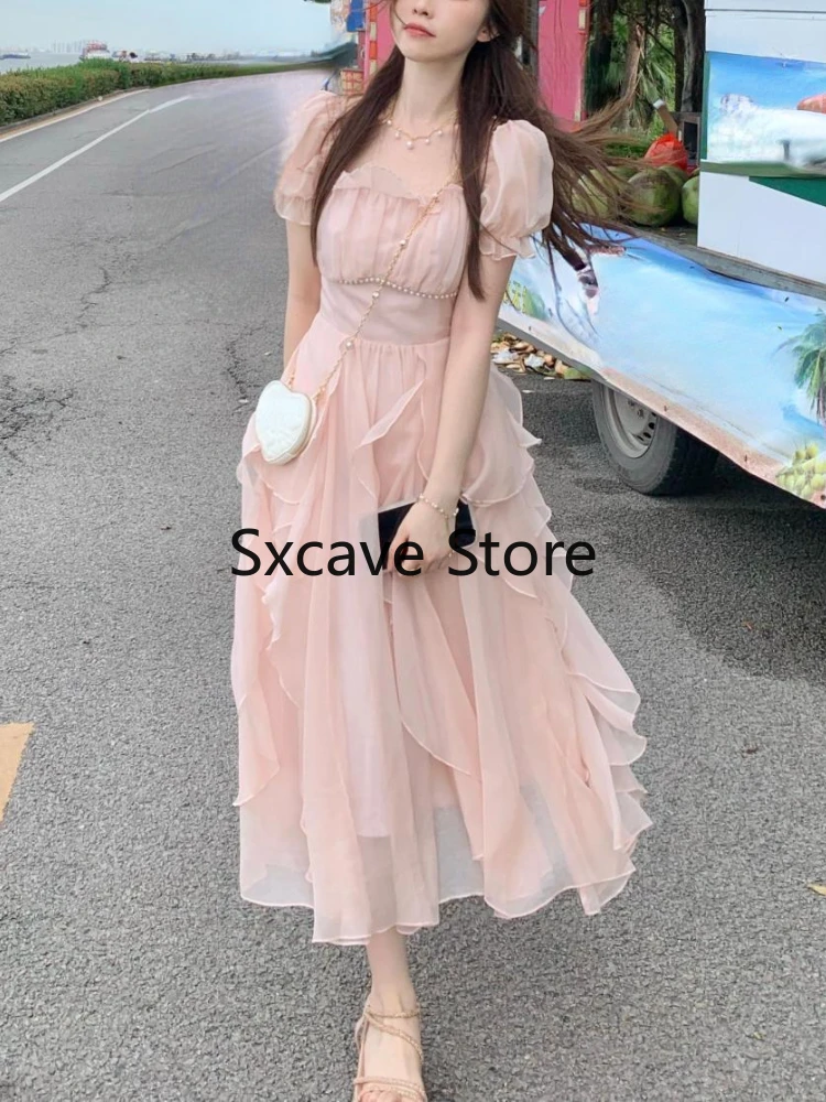Französisch Fee Chiffon Midi Kleid Frauen Kurzarm Casual Boho Strand Sommerkleid Frauen Rosa Elegante Koreanische Kleid 2022 Sommer Chic