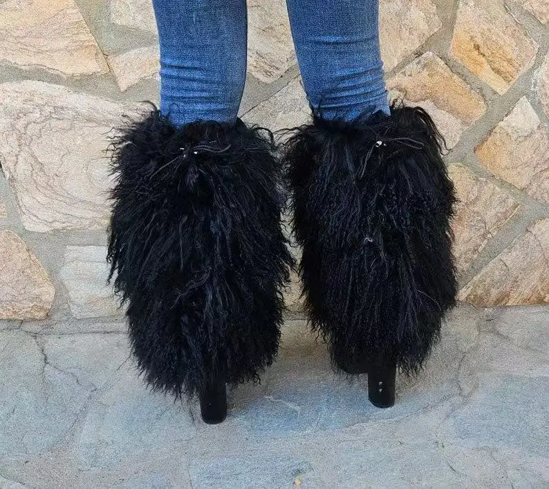 Custimzied size Real Mongolian Fur leg cuffs, leg warmers boot view 3