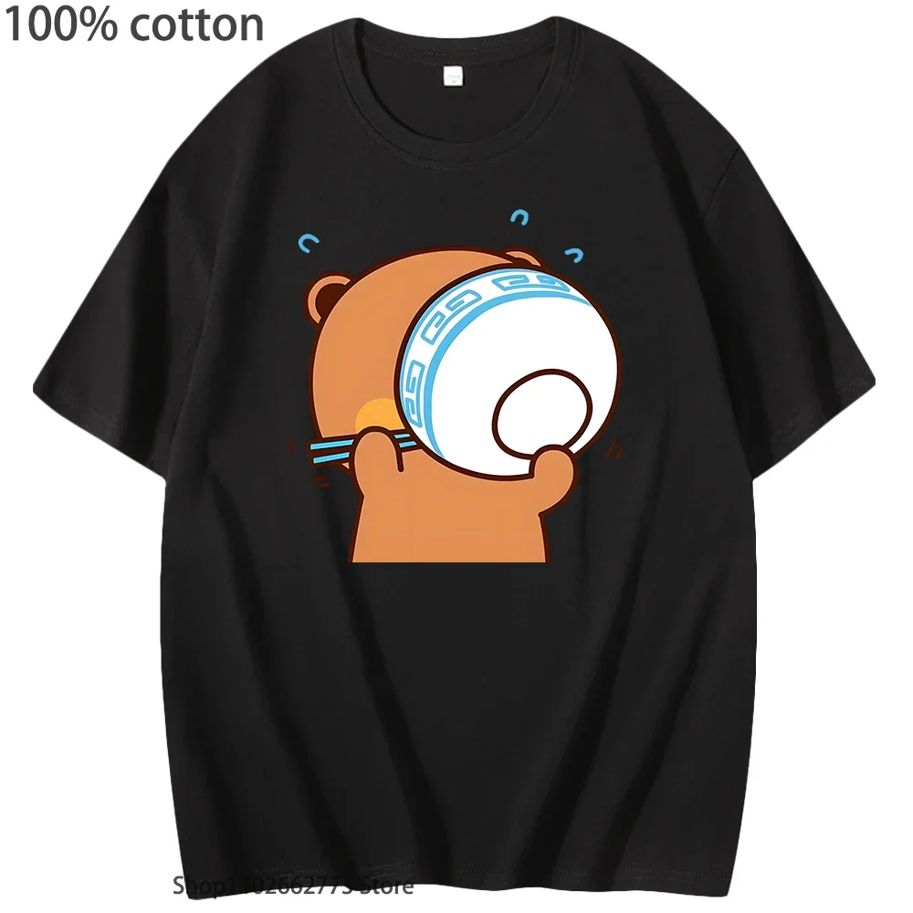 

Милая футболка Dudu Is Enjoy Meals with Bubu, футболка с принтом медведя панды, кавайная милая женская одежда, мужские футболки из 100% хлопка с круглым вырезом Y2k Top