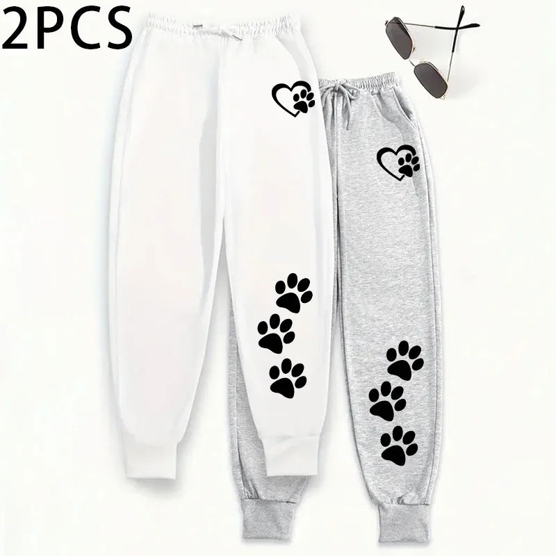 2 قطعة Sweatpants المرأة عادية بلون رياضي سراويل للجري الخريف الشتاء المنزل في الهواء الطلق الراحة لطيف القلب باو طباعة بنطلون