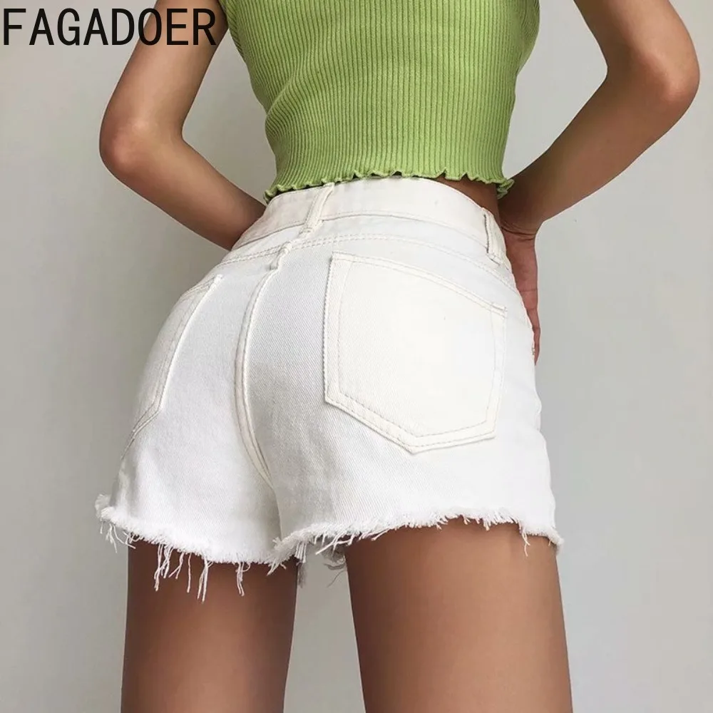 FAGADOER Casual Solid Trendy Vintage Jean Shorts Women High Waist Button Pocket Slim Denim Shorts Fashion Female Cowboy Bottoms