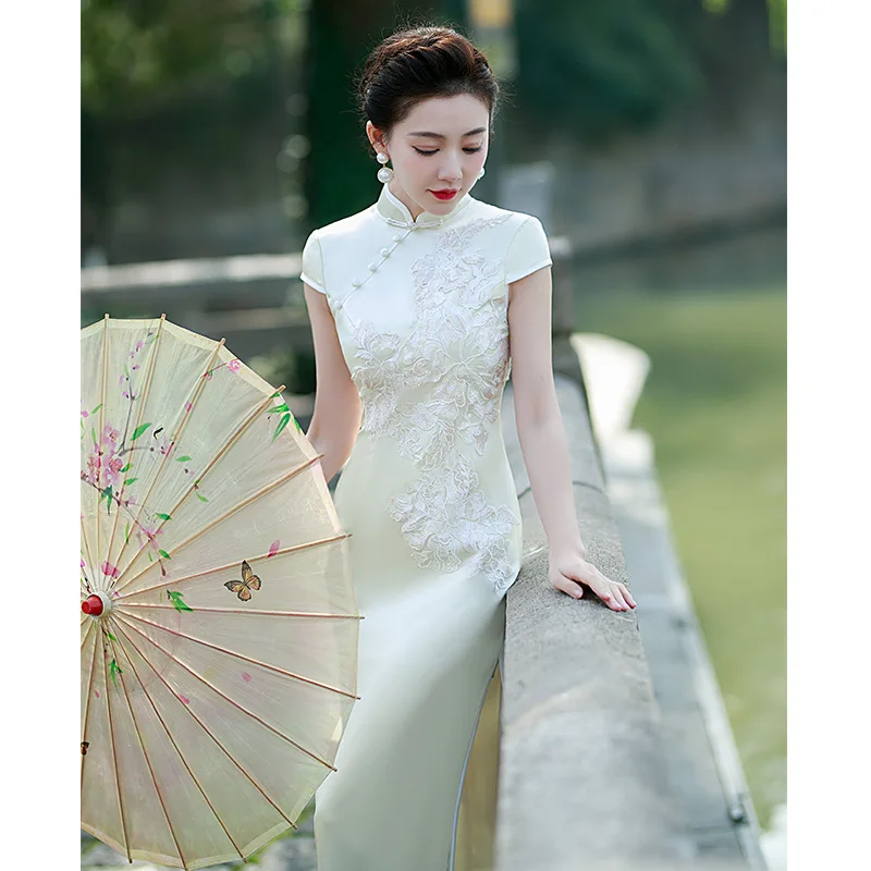 Plus Size 5XLMandarin Collar Embroider Cheongsam Vestidso Chinese Elegant Evening Party Long Dress Sexy Split Perform Qipao