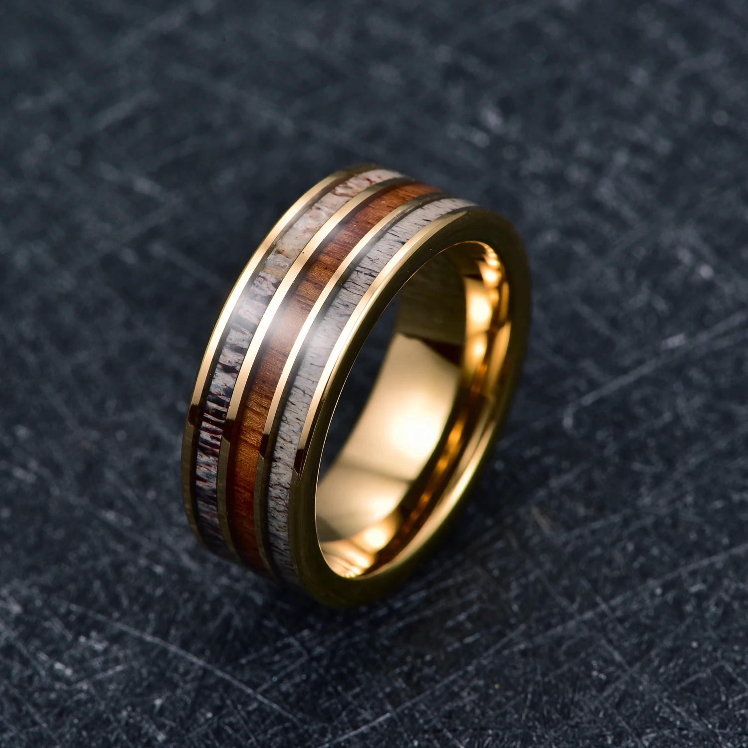 BONLAVIE 8mm Tungsten Carbide Ring Gold Inlaid Deer Antler Wood Grain Steel Ring Men's Fashion Wedding Jewelry Gift