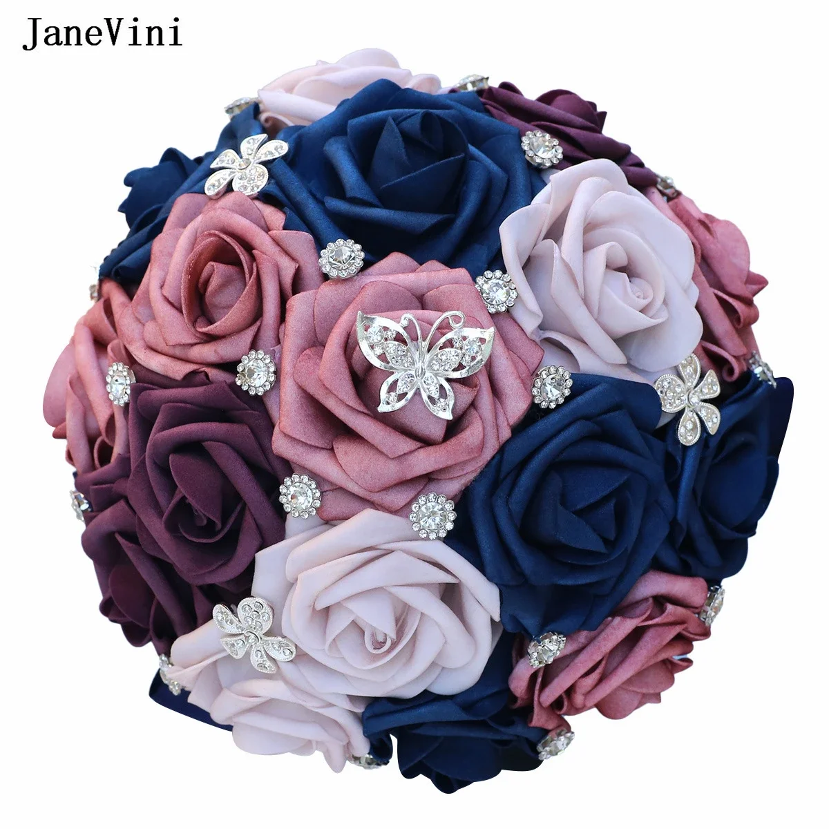 

JaneVini Vintage Navy Blue PU Roses Wedding Bouquet Mariee Foam Crystal Bride Holding Flowers Bridal Bouquet Buchete Mireasa