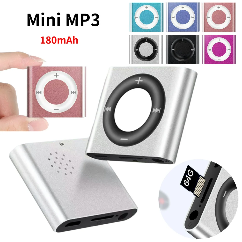 Mini MP3 Music Players Metal Clip-on Audio Player 64G Expansion 180mAh Build in Speaker Rechargeable with Headphone for Students