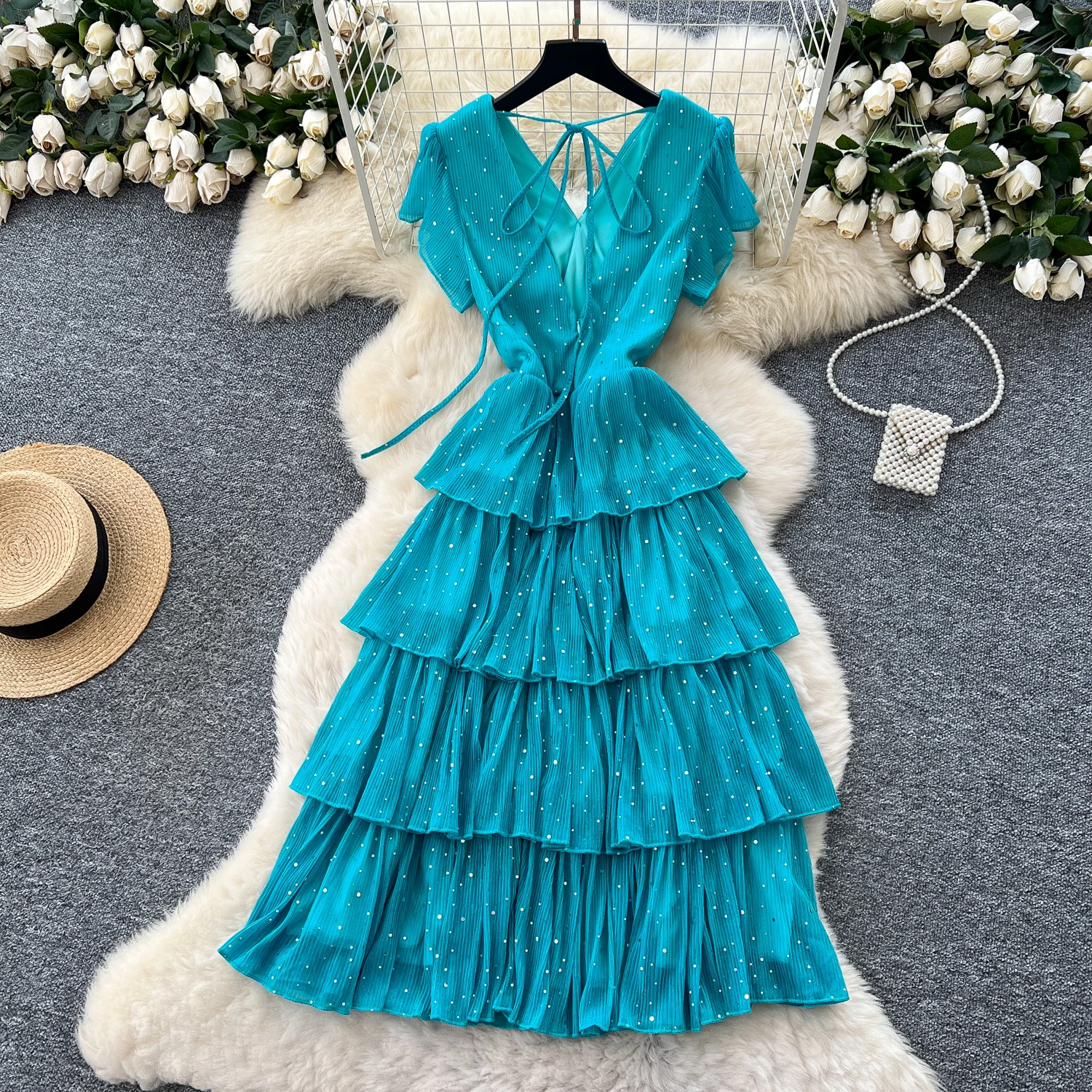 Chic vintage impiombato glitter incrociato elegante fata moda coreana Boho vestito estivo abbigliamento donna