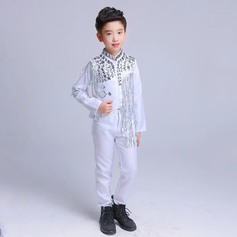 

Outfit Drum Singer Performance Clothing Kids Stage Clothes Festival Clothing Boys Modern Dance Costume Sequin Fringe Suit Rave