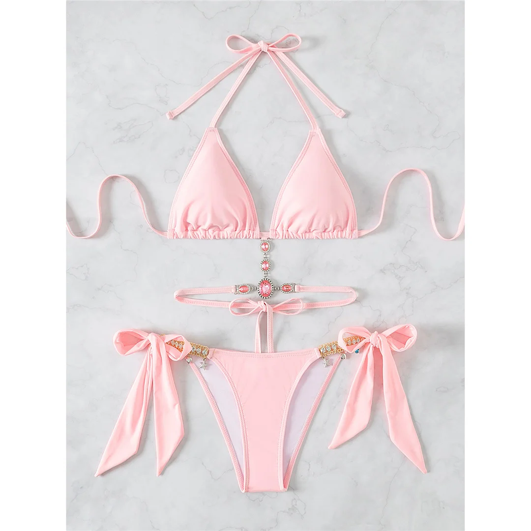 5 Farben, mit Strasssteinen besetzter Bikini, Damen-Badeanzug, zweiteiliges Bikini-Set, Badebekleidung, Badeanzug, Modell V8000. – Detail 11