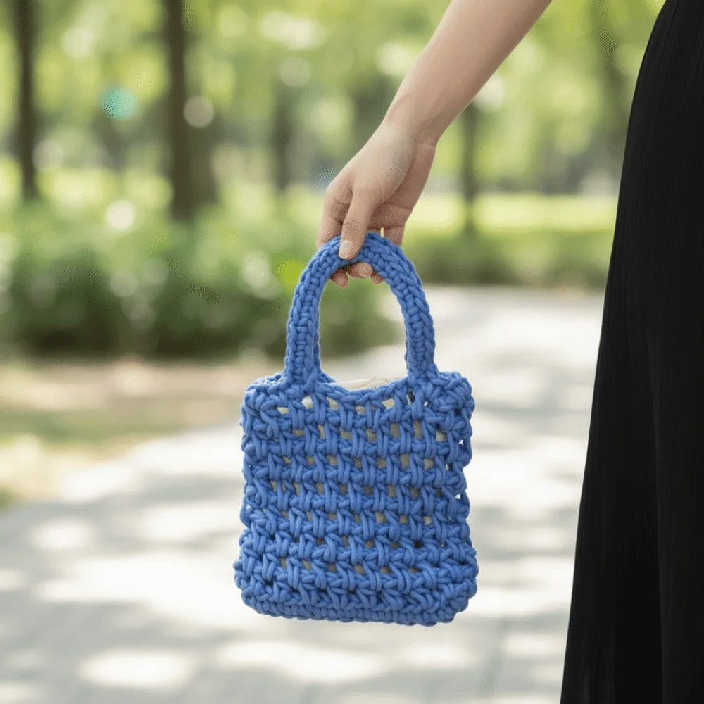 

Bohemian Crochet Knitted Bag Mini Open-Weave Fishnet Woven Tote Handbag Eco-Friendly Exquisite Hollowed Out Beach Bag Summer