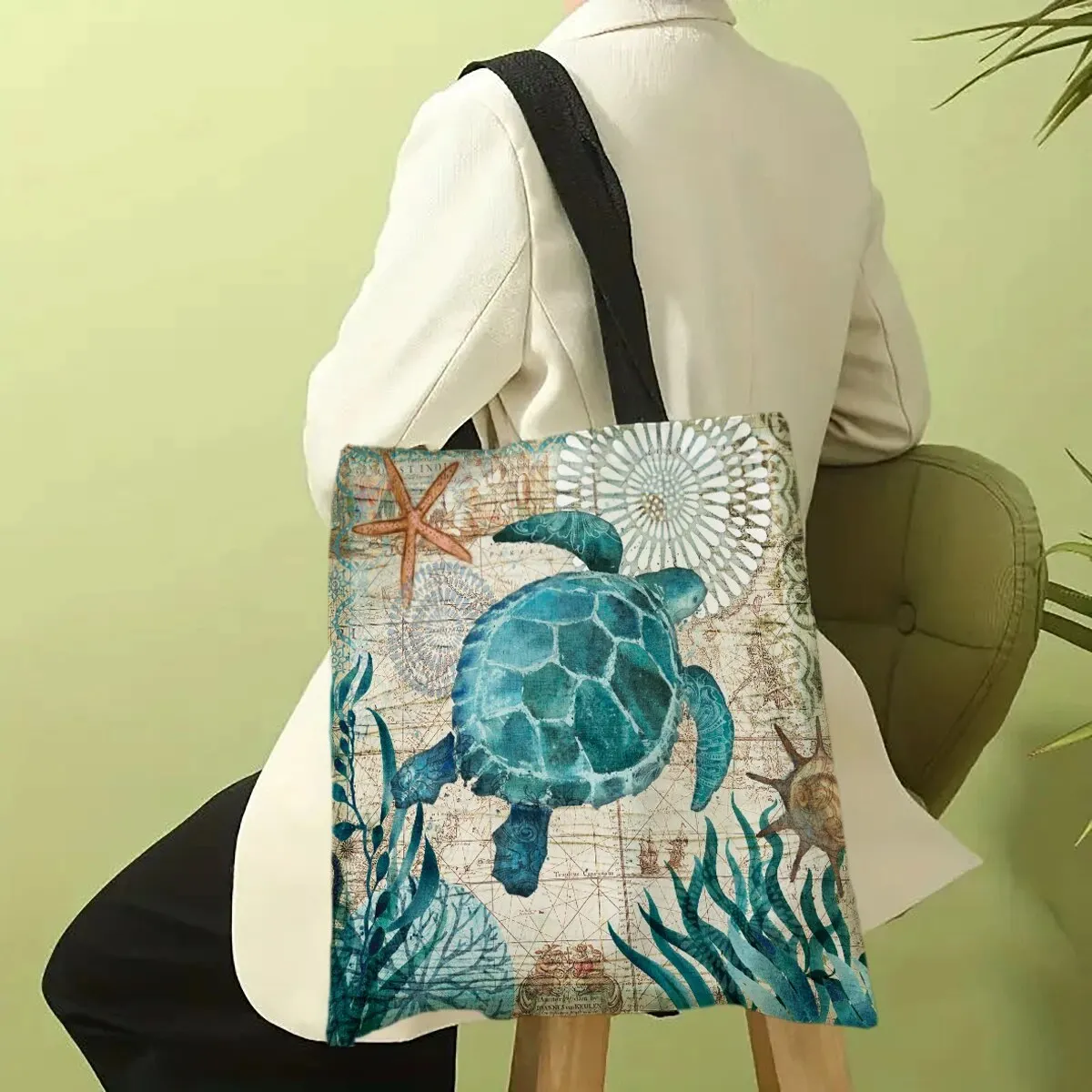 Large Capacity Tote Bag Turtle Print Traveling Shoulder Bags Eco Linen Shopping Bags For Women With Print