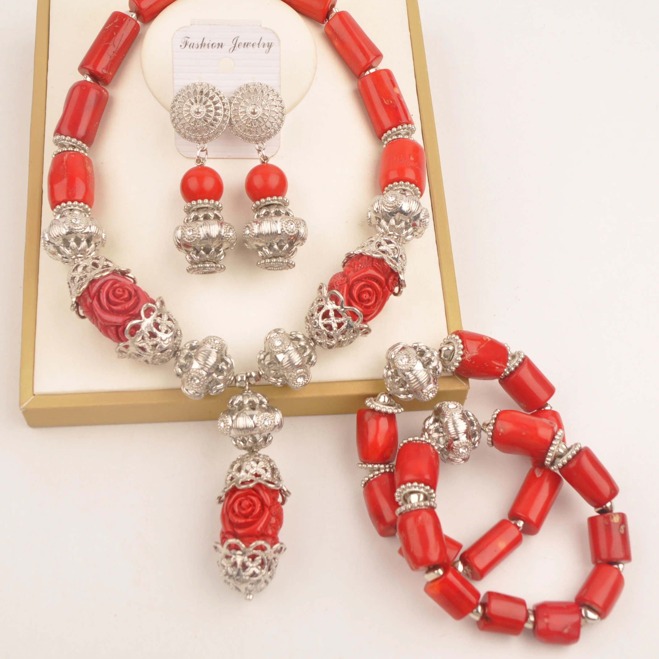 Red African Coral Beads Set Jewelry for Weddings