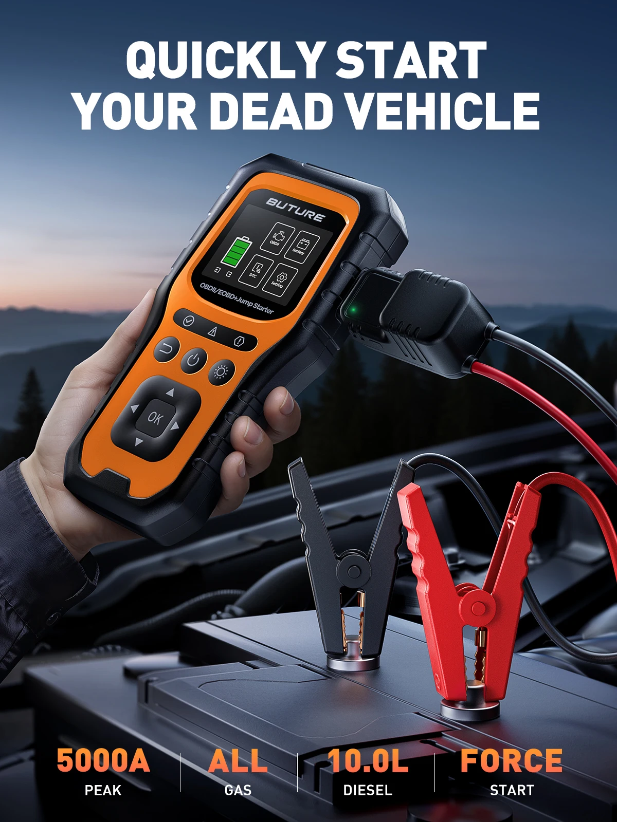 Arrancador de Coches BUTURE 5000A con Escáner OBD II Completo, Banco de Energía de 16800mAh, Luces de Camping para Exteriores, Dispositivo de Arranque de Emergencia
