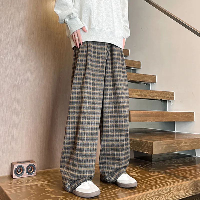 IEFB Niche Design Men's Casual Pants Plaid Elastic Waist Contrast Color Straight Trousers Wide Leg Loose Male Bottom Tide 9C8587