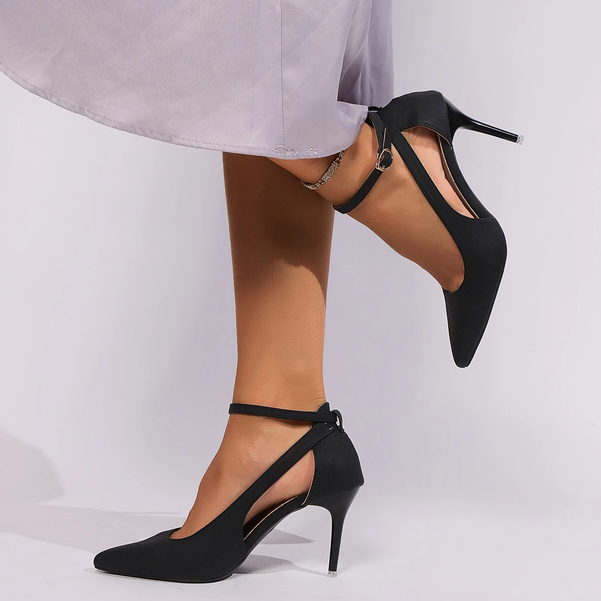 Women\'s Shoes 2024 High Quality Solid Color Pointed Toe Shallow Mouth Hollow One-word Buckle Strap Stiletto Women\'s High Heels