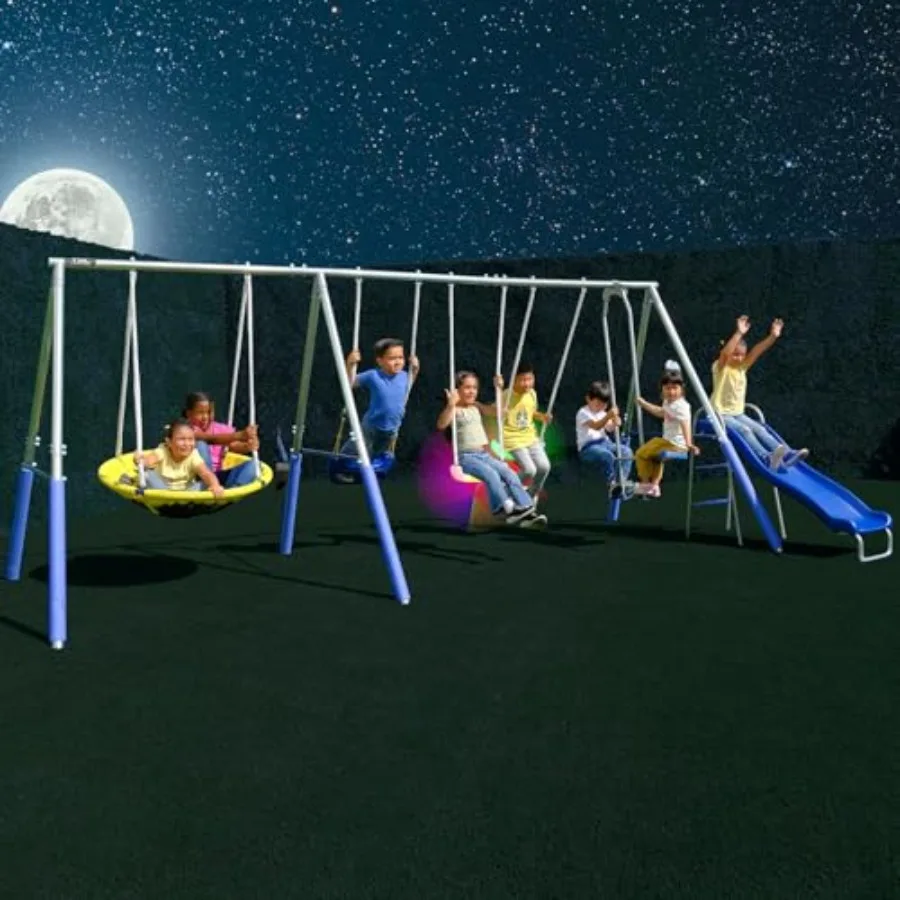 

Уличный металлический игровой комплекс с LED-качелями, 38-дюймовыми качелями-глайдерами, 5-футовой горкой, для двора, красный, максимальная нагрузка 800 фунтов