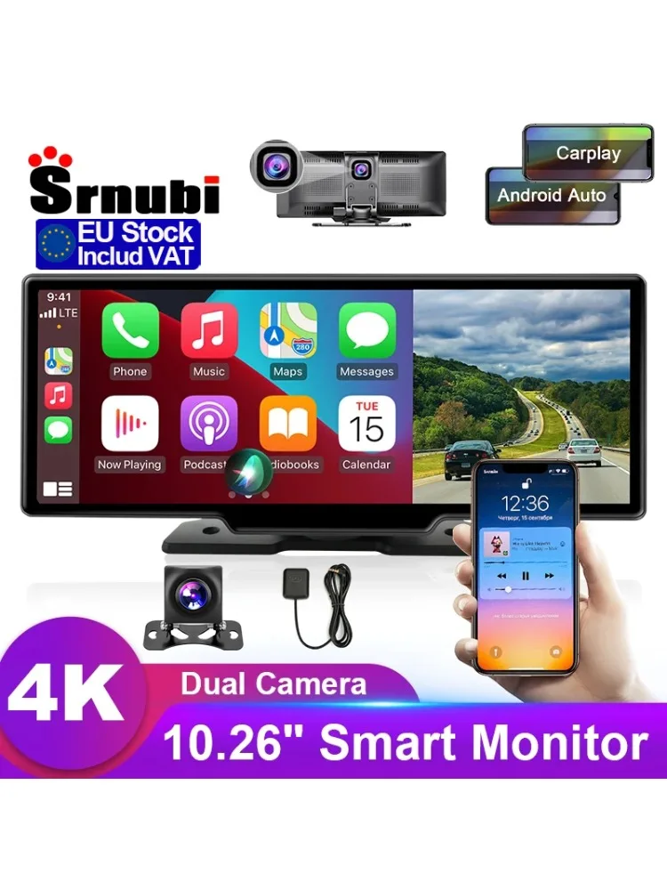Srnubi 10,26'' 4K Dashcam Drahtlose CarPlay & Android Auto Rückfahrkamera Dual Lens DVR WiFi BT GPS Navigation Video Recorder