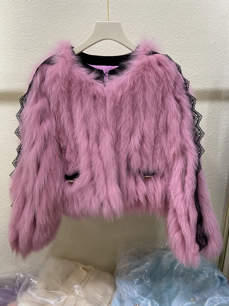 New Arrival Women Thick Purple Real Fox Fur Strip Sewed Toghter Loose Winter Short Pink Real Fox Fur Overcoat