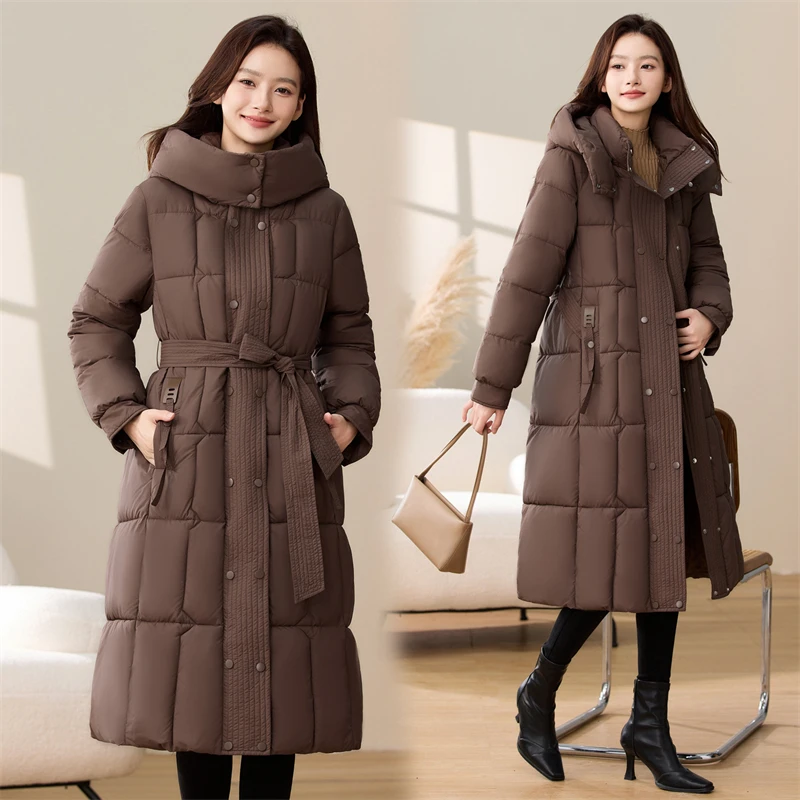 

Winter Long Parkas Russian Clothes 2025 New Temperament Down Cotton Padded Jacket Women Waist Slim Hooded Knee-length Outwear