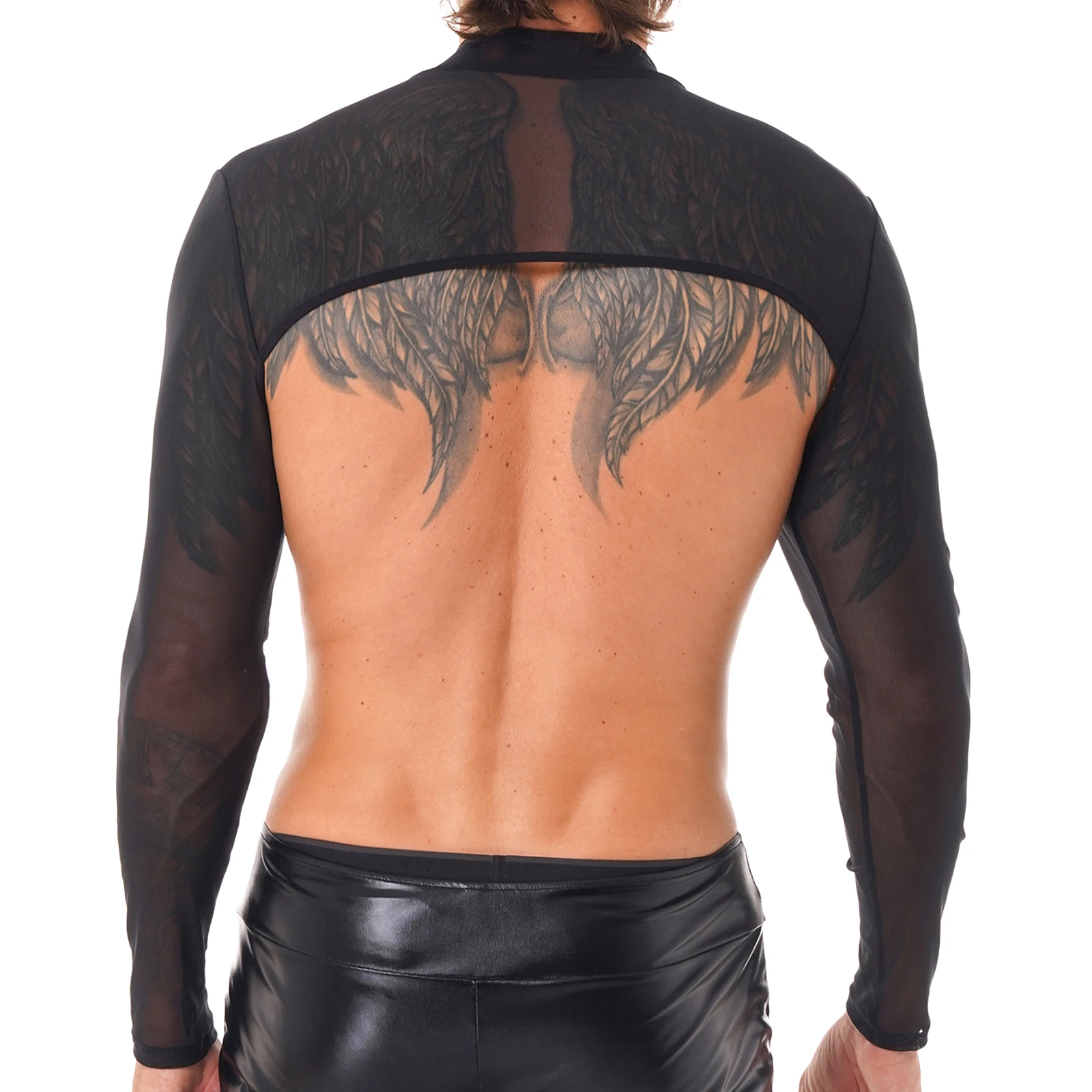 Mens Mesh Half Crop Tops Long Sleeve See Through T-Shirt Lingerie Nightwear Crop Top Party Stage Performance Clubwear Costumes