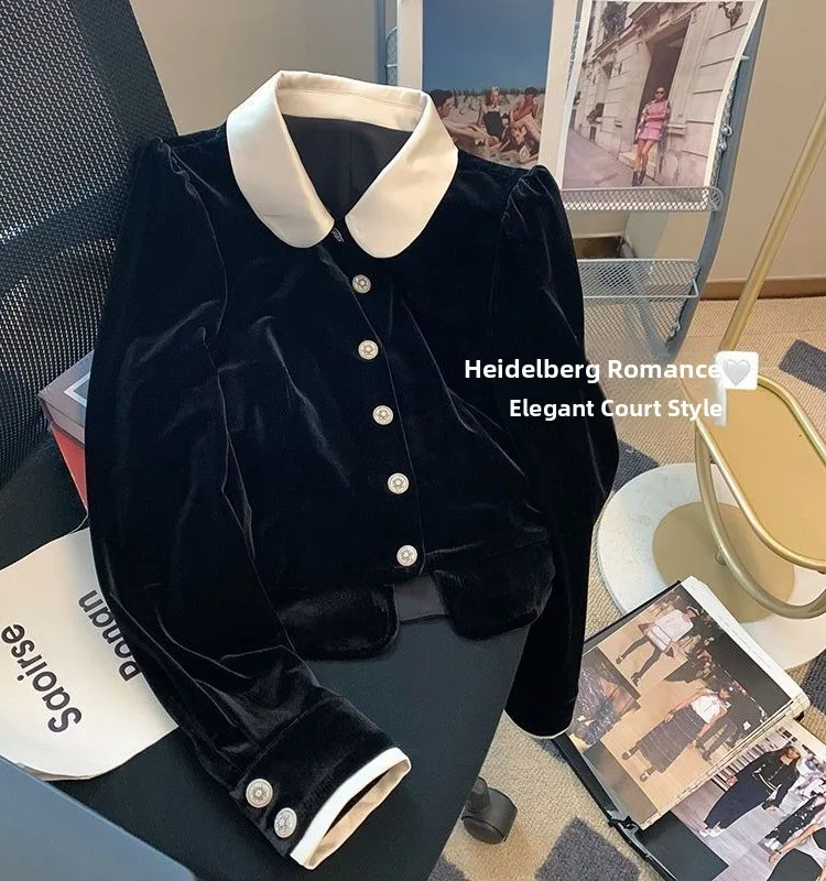 

Faionable Velvet Doll Collar irt Women's Top Ele Agel Sle Long Sve Loose Fit Polyester Fiber Pure Color irt