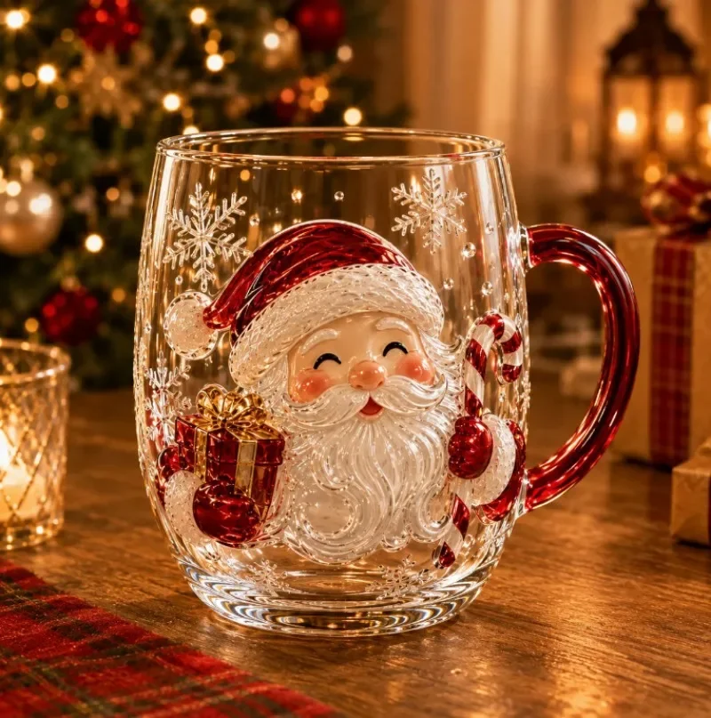 Christmas 3D Art Glass Cups, Piece Holiday Glassware Gift Box Set Gift Box Included, Holiday Theme,Gift Box for Festive Drinks