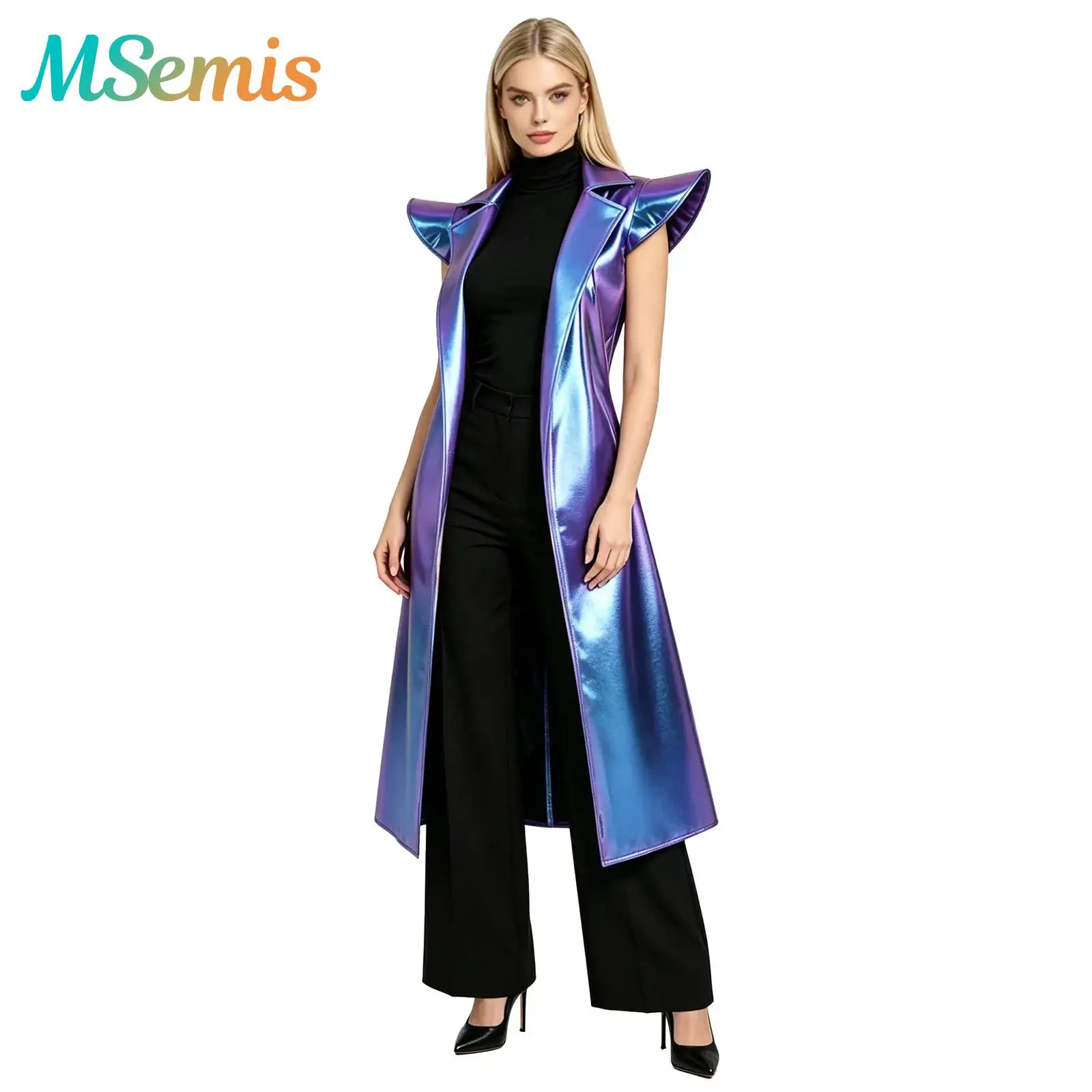 

Womens Metallic Shiny Trench Coat Sleeveless Notch Lapel Open Front Belted Long Jacket Coat Iridescent Holographic Tops Clubwear