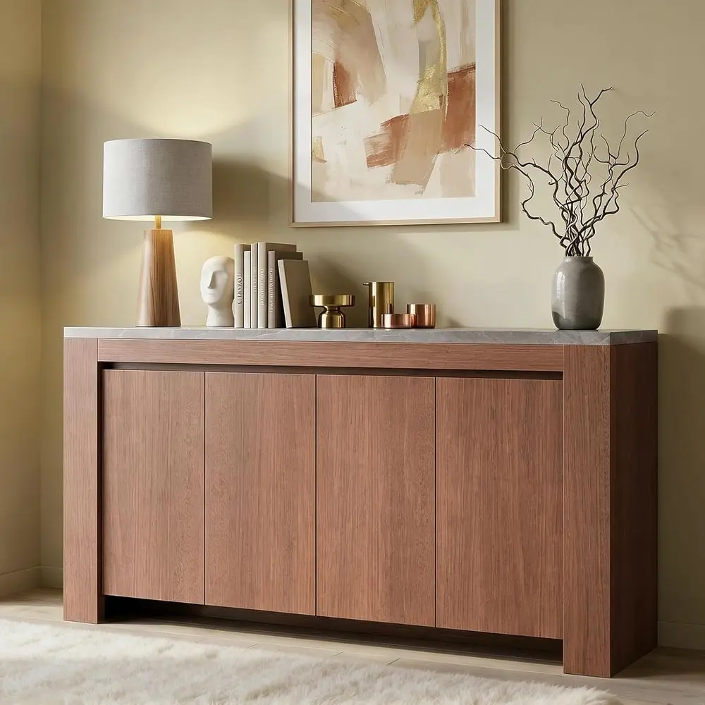 

Буфет из орехового дерева 63 Walnut с дополнительной мраморной столешницей и 4 дверцами для хранения вещей в гостиной, столовой, на кухне