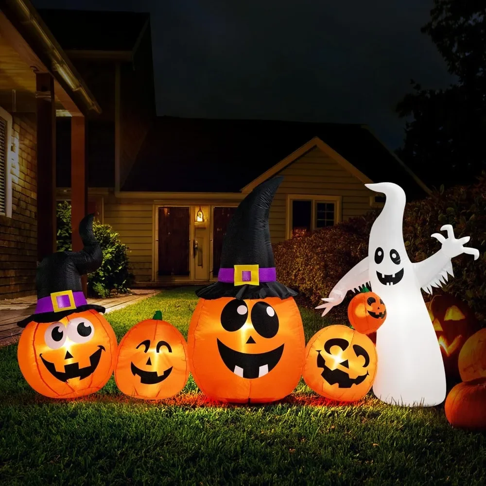 

4FT Halloween Inflatable Yard Decor, 8FT Long Pumpkin Family with Ghost, Outdoor Blow Up with Built-in LED Light for La