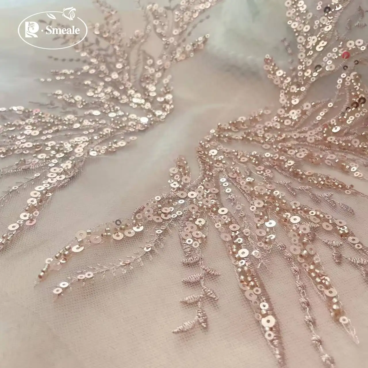 5 Paar-2 Paar. Roségold Pailletten-Röhrchenperlen-Stickerei-Spitzenapplikation, wunderschönes Korallenmuster DIY-Spitzenaufnäher, verspiegelte Blumen, RS252202 – Detail 2