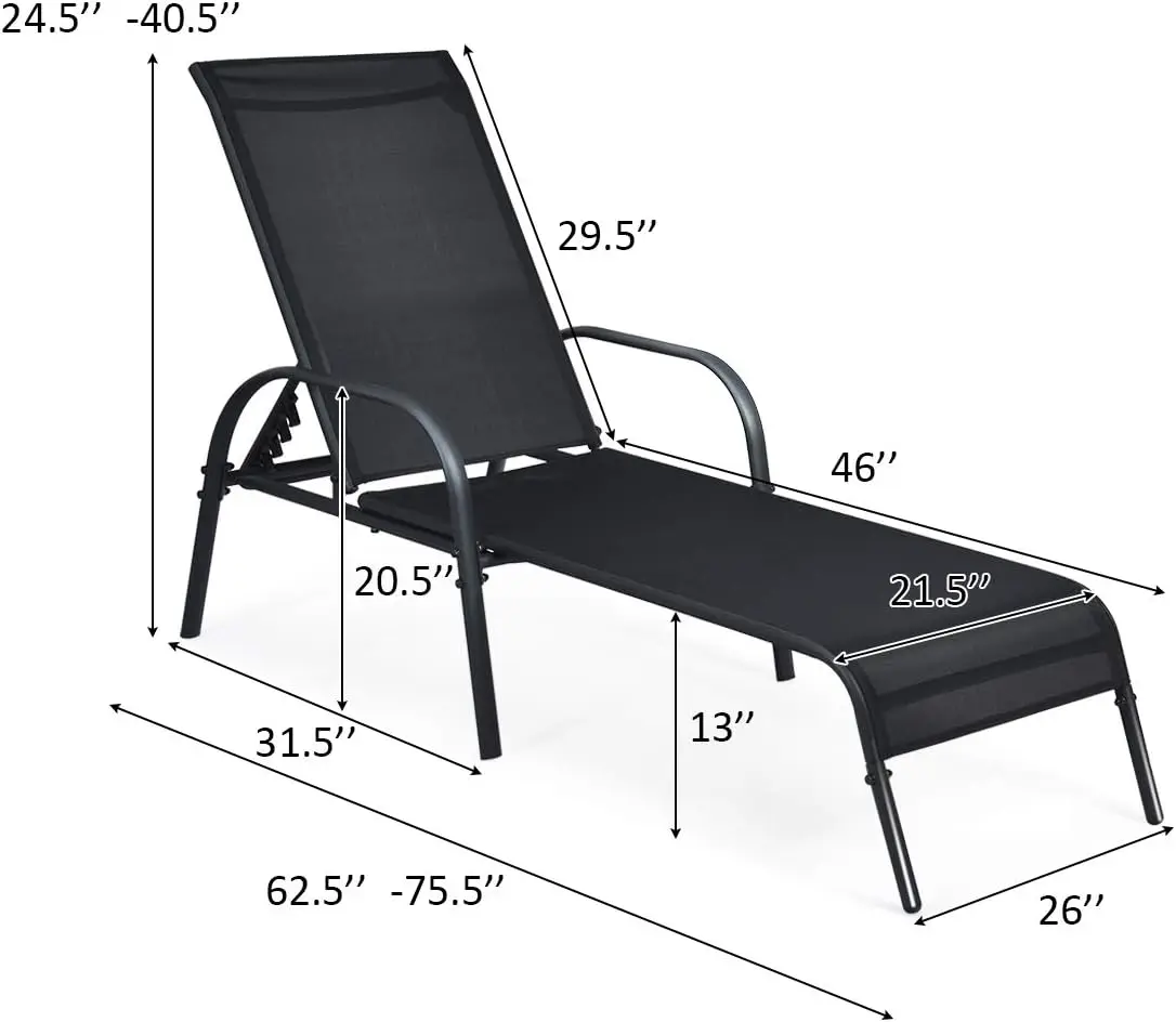 atio Lounge Chair, Outdoor Chaise Lounge with 5 Adjustable Backrest, Sturdy Steel Frame, Sunbathing Recliner, Beach Chair, Tanni