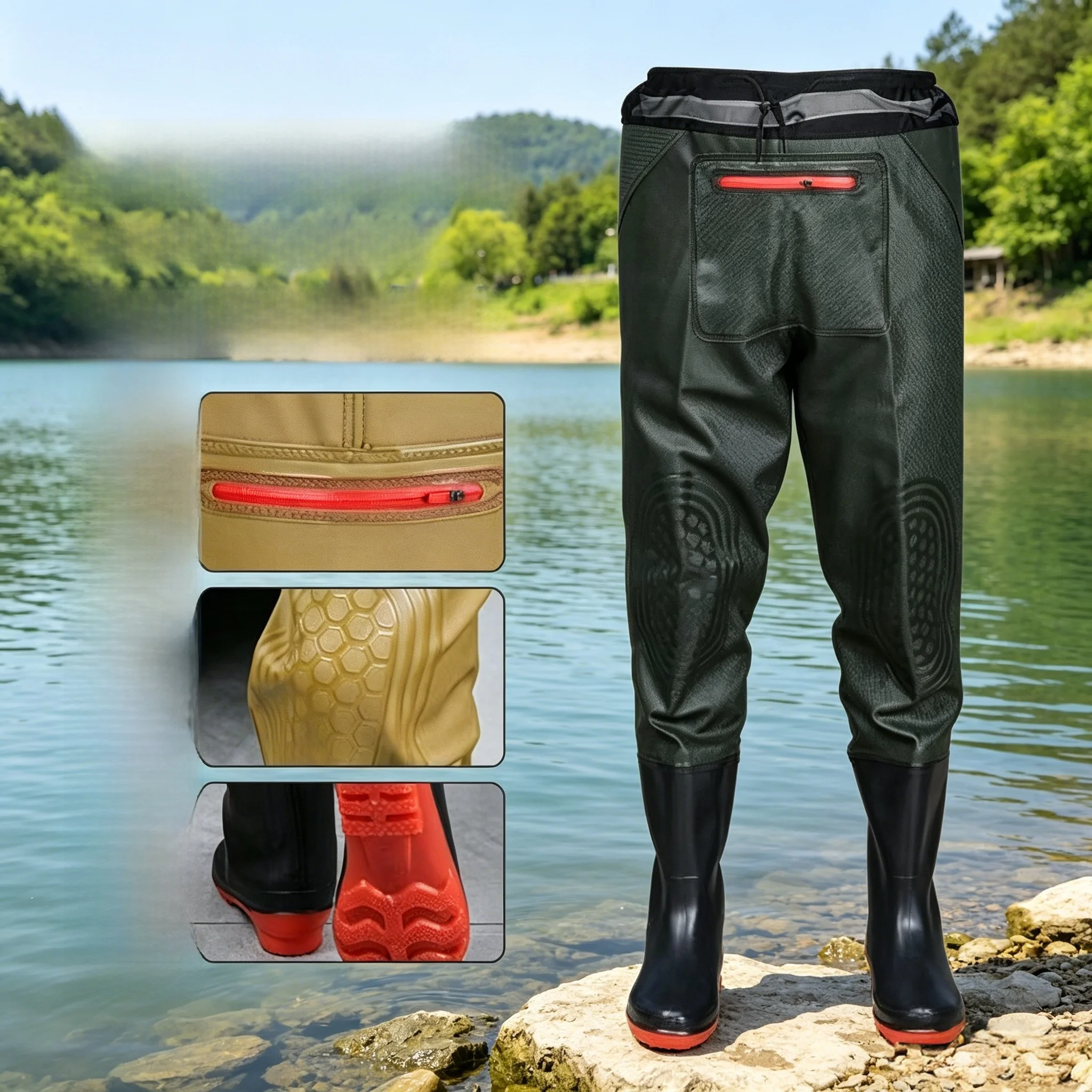 特厚防水釣り用パンツ-フルレングスレインブーツ-ハーフボディウェーダー-厚手ワンピース-ウエストハイレインウェア